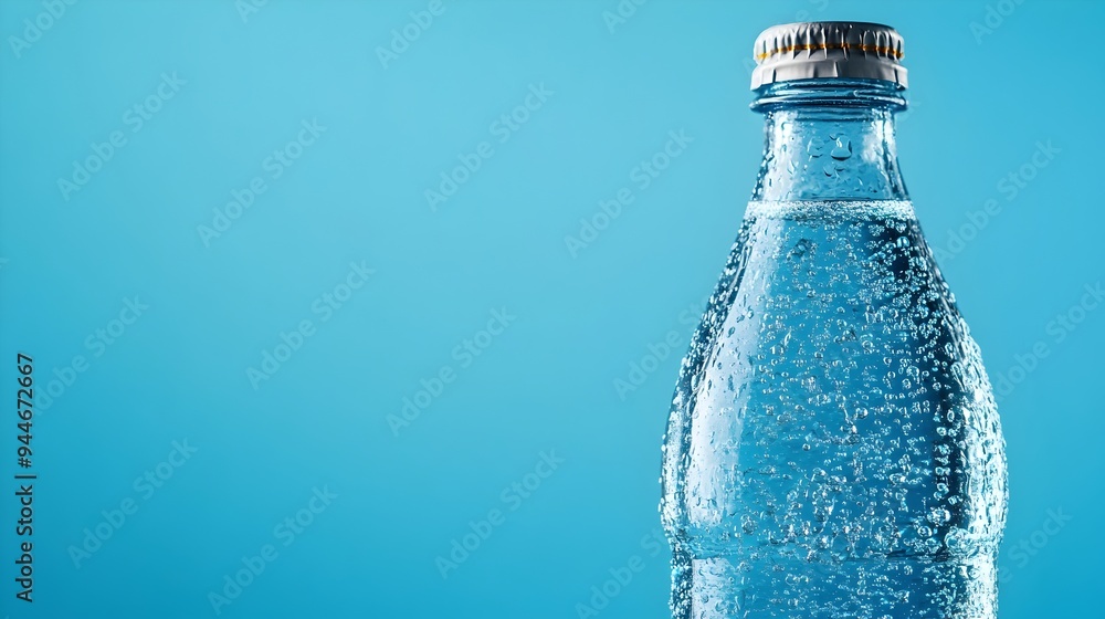 Aufkleber chilled glass bottle of sparkling water with condensation droplets on the surface providing ample co