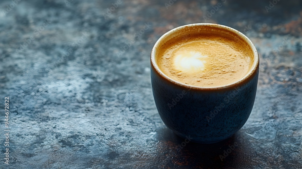 Poster close up view of a freshly brewed espresso macchiato in a small ceramic cup featuring a creamy froth
