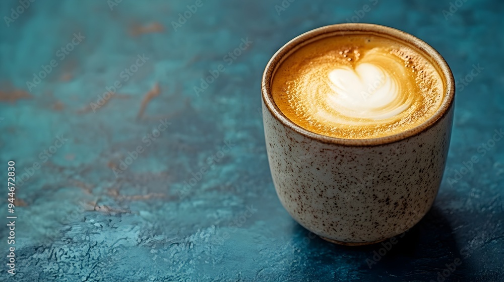 Poster freshly brewed espresso macchiato in a small ceramic cup with a layer of velvety froth and smooth cr