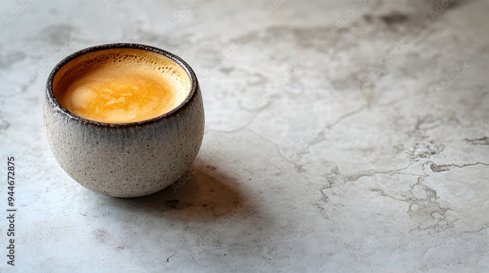 Poster close up of a small cup filled with a frothy espresso macchiato drink placed on a wooden table or su