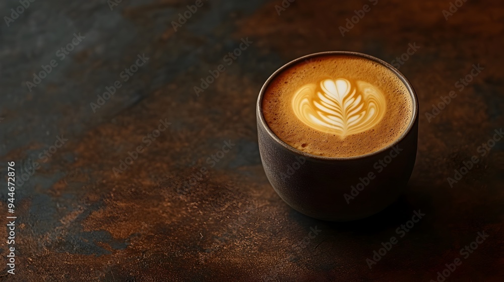 Poster Close up view of a freshly brewed espresso macchiato in a small ceramic cup with a layer of creamy milk foam on top and copyspace for text overlay