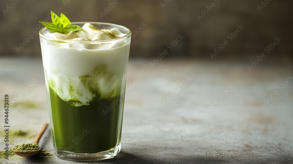 Poster closeup of a glass filled with a refreshing iced matcha latte beverage featuring a creamy layer of m