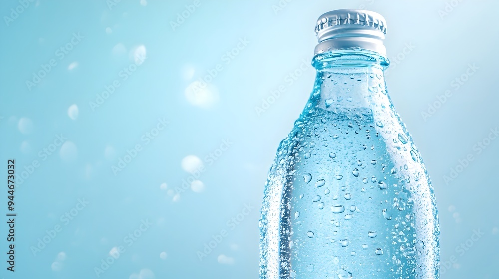 Poster refreshing bottle of sparkling water with condensation and copy space for design template or mockup 