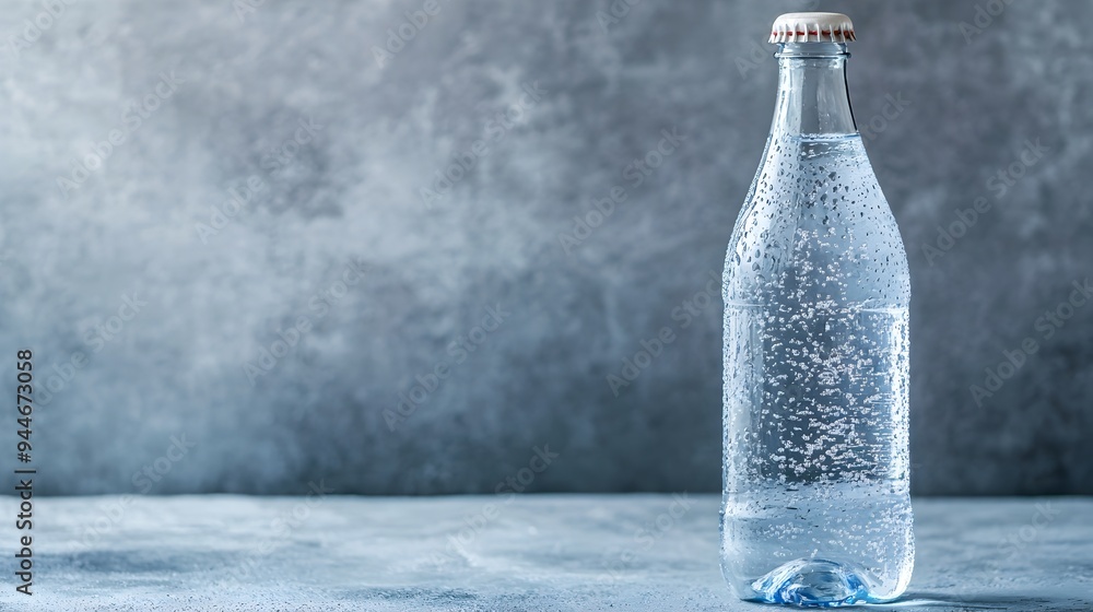 Poster closeup of a glass bottle of chilled refreshing sparkling water with condensed droplets on the surfa
