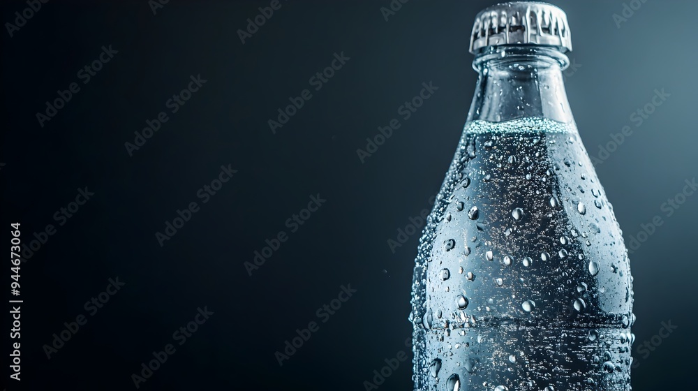 Poster refreshing sparkling water bottle with condensation droplets in a clean minimal studio setting
