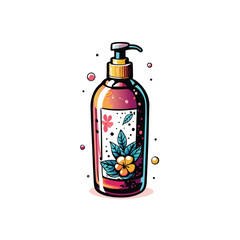 Create a realistic vector illustration of a shampoo bottle with a pump dispenser, featuring a floral design on the label and a pink and yellow color scheme.