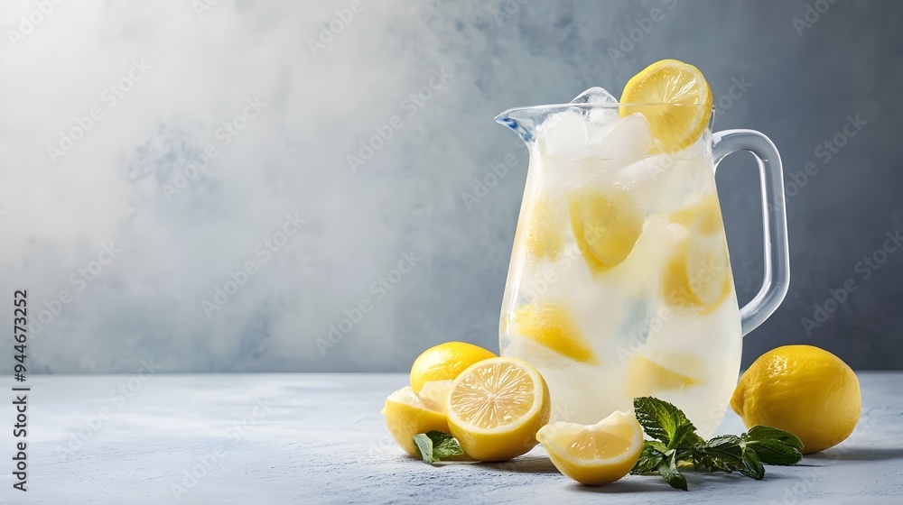 Poster refreshing glass pitcher filled with iced lemonade garnished with fresh lemon slices placed on a rus