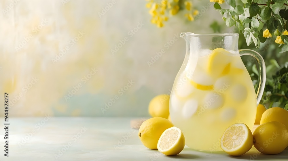 Poster a refreshing pitcher of iced lemonade with slices of fresh citrus fruit on the side perfect for a su