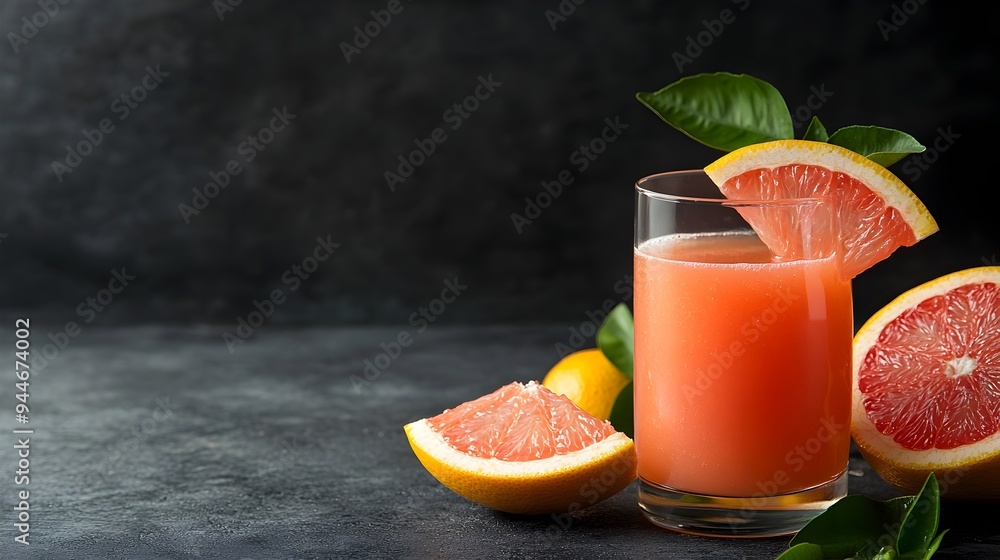 Aufkleber freshly squeezed grapefruit juice in a transparent glass with ample copy space for text overlay vibr