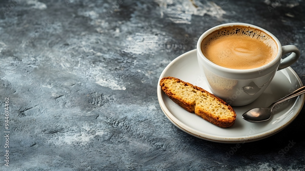 Poster intimate espresso moment captured with a steaming hot cup of espresso and a delicate biscotti on a m
