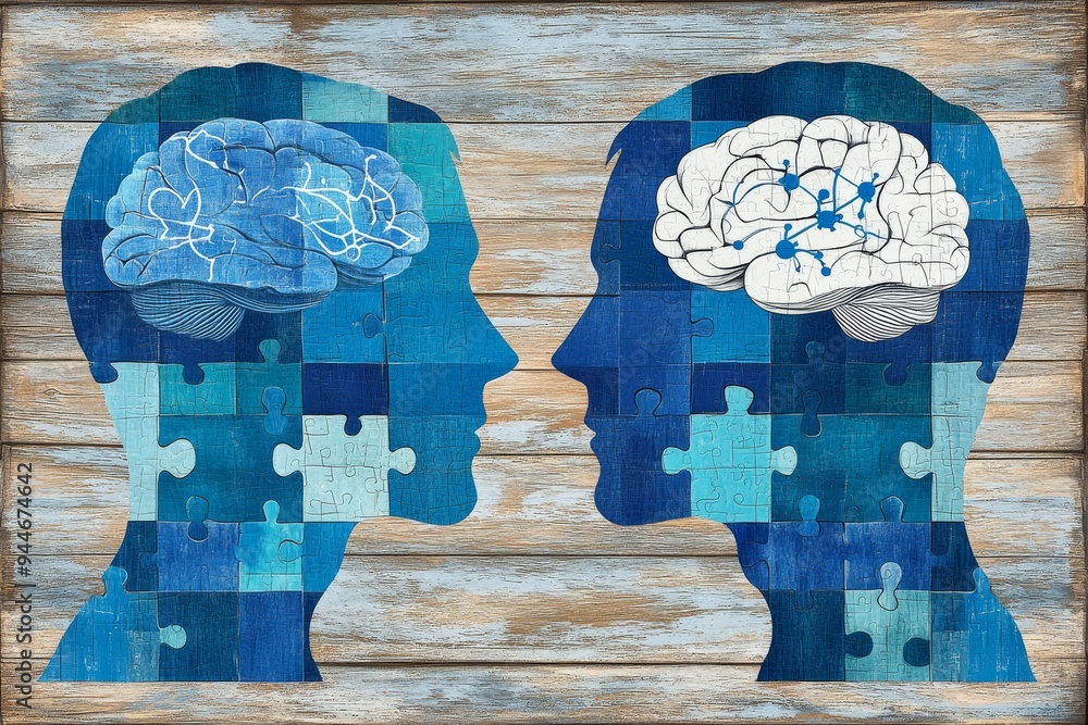 Poster puzzle themed digital art depicting two human profiles with brains made of interlocking pieces repre