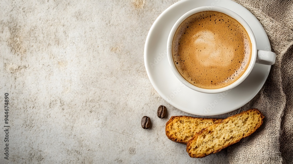 Poster aromatic espresso with a small delightful biscotti placed on a table creating a cozy and inviting mo