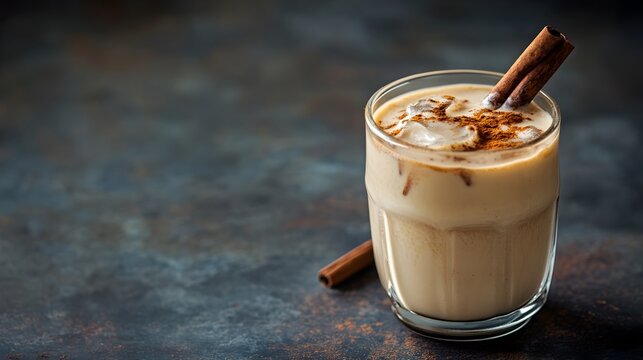 A glass of perfectly crafted iced chai tea latte complete with a fragrant cinnamon stick creating a cozy and sophisticated beverage experience  The warm spices and creamy texture invite you to pause