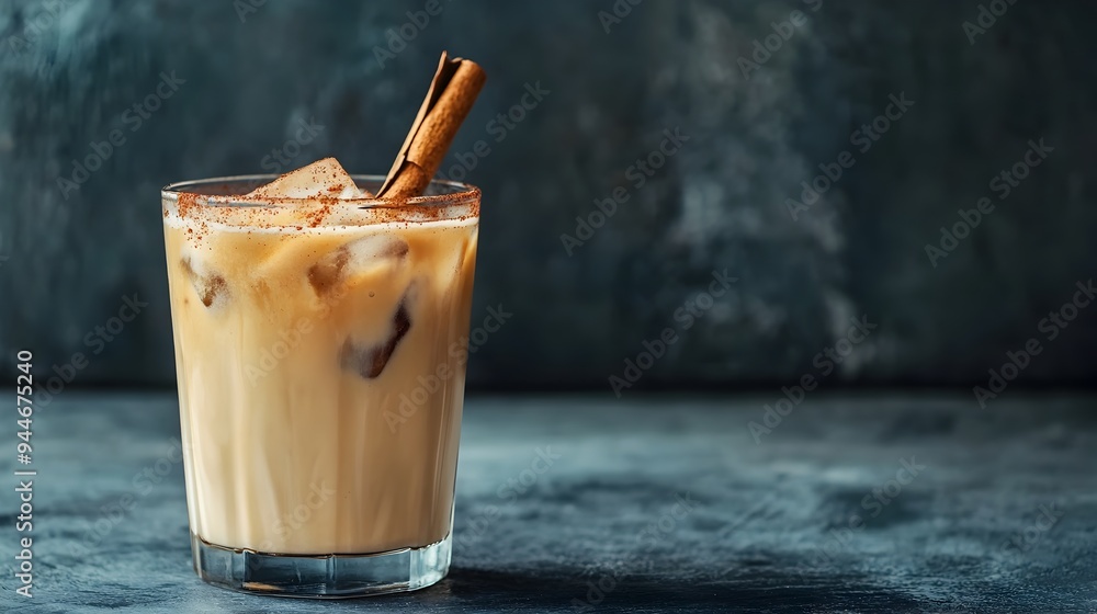 Poster refreshing and flavorful iced chai tea latte served in a glass cup with a cinnamon stick creating a 