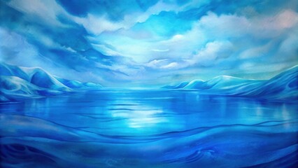 A serene winter landscape unfolds under a vast sky, showcasing hues of blue reflected in tranquil waters, evoking a sense of calm and serenity in a remote location at dusk. Generative AI