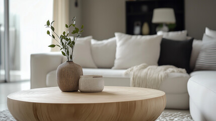 Round wood coffee table against white sofa. Scandinavian home interior design of modern living room