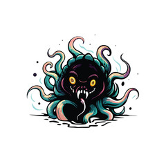 Create a realistic vector artwork of a tentacled monster with sharp teeth, large eyes, and a green body.