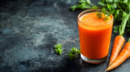 Freshly squeezed carrot juice in a glass with copyspace  The vibrant orange liquid is a healthy and refreshing beverage full of vitamins minerals and antioxidants  It represents a nutritious