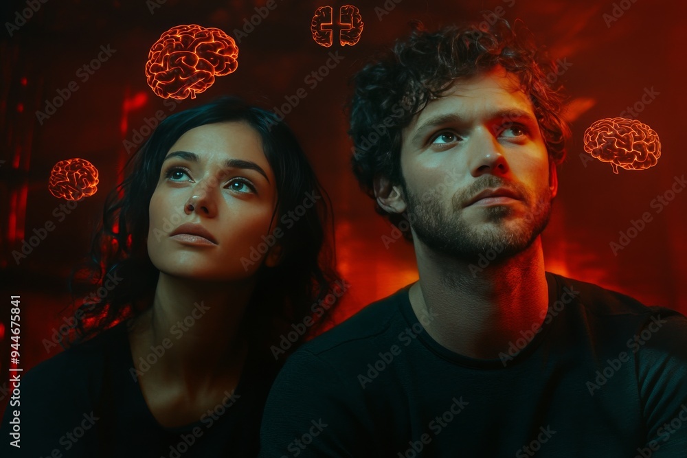 Sticker Close up of a man and woman looking upwards with glowing red brain overlays symbolizing deep thought problem solving and intellectual curiosity in a dark contemplative environment