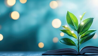 Obraz premium A vibrant green plant emerges from an open book, symbolizing growth, knowledge, and connection to nature in a soft, blurred background.