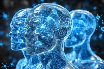 Abstract digital art of multiple human profiles with interconnected glowing blue brains representing collective intelligence shared knowledge and networked thinking