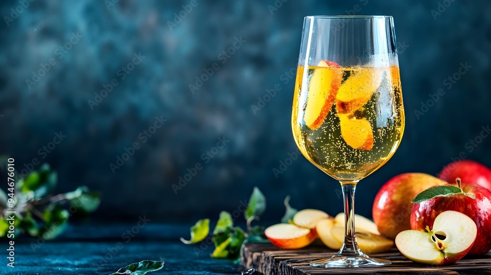 Poster refreshing glass of sparkling cider garnished with fresh apple slices set on a rustic wooden table w