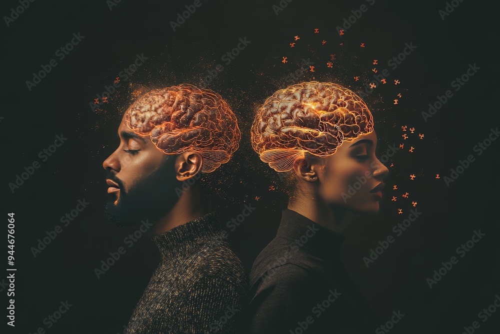 Poster artistic rendering of a couple with exposed glowing brains symbolizing the intellectual bond and sha