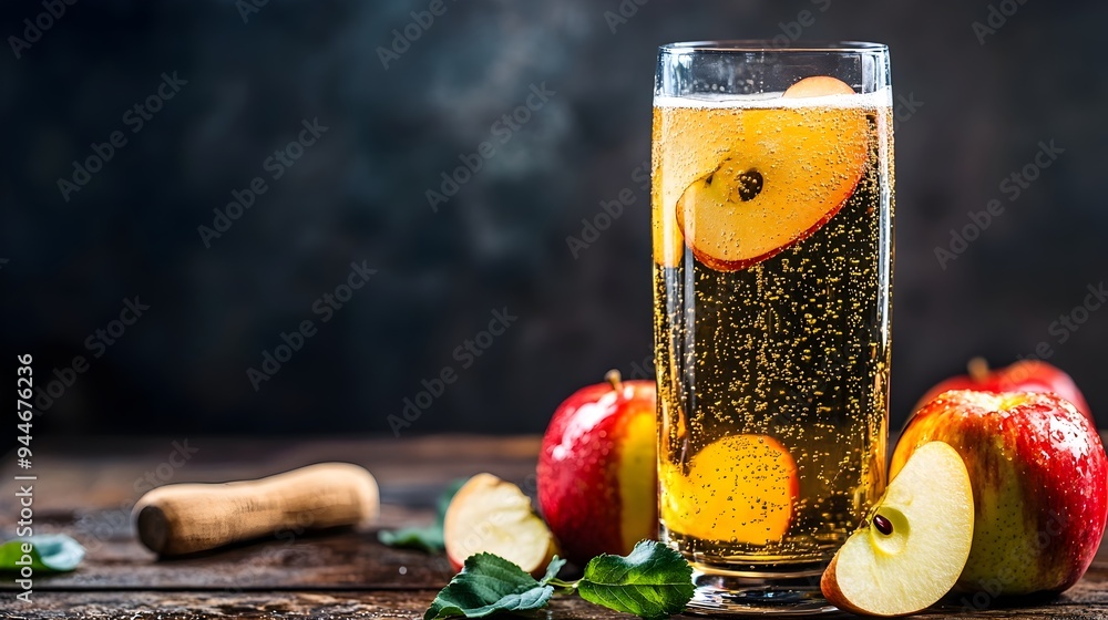 Poster sparkling cider with fresh apple slices served in a glass on a natural rustic wooden table the image