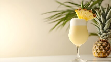 Refreshing tropical pia colada cocktail with pineapple garnish and copy space for text overlay  Vacation party and summer lifestyle concept