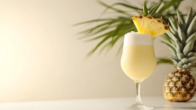 Refreshing tropical pia colada cocktail with pineapple garnish and copy space for text overlay Vacation party and summer lifestyle concept - Powered by Adobe