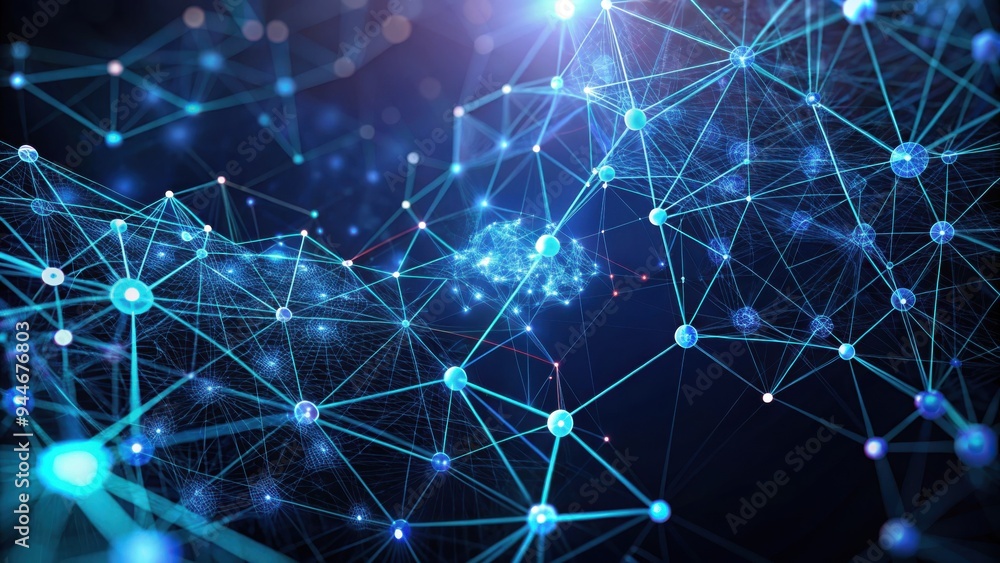 Poster exploring the intricate web of connections in a digital landscape illuminated by vibrant blue light 