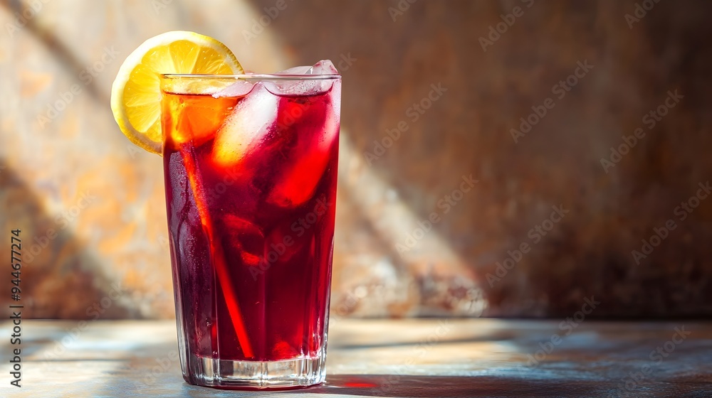 Poster a refreshing glass of hibiscus iced tea garnished with delicate lemon slices set against a neutral b