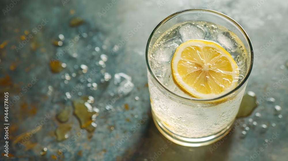 Poster closeup of a cold crisp glass of freshly squeezed lemonade with a lemon wedge garnish and ample copy