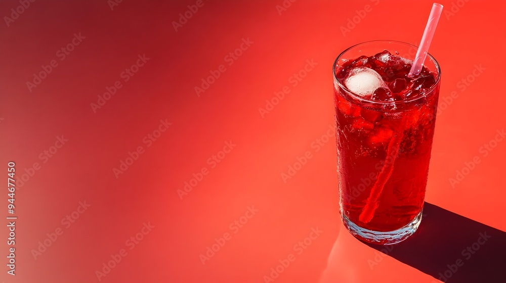 Poster Refreshing glass of cherry flavored soda drink with ice cubes and a drinking straw set against a plain background with copy space for text overlay or branding