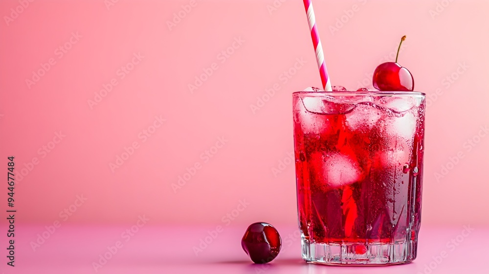 Poster refreshing cherry flavored soda drink served in a transparent glass with ice cubes and a straw the i