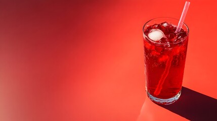 Refreshing glass of cherry flavored soda drink with ice cubes and a drinking straw set against a plain background with copy space for text overlay or branding