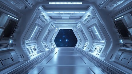 Obraz premium Futuristic Spaceship Corridor with Starry Viewport