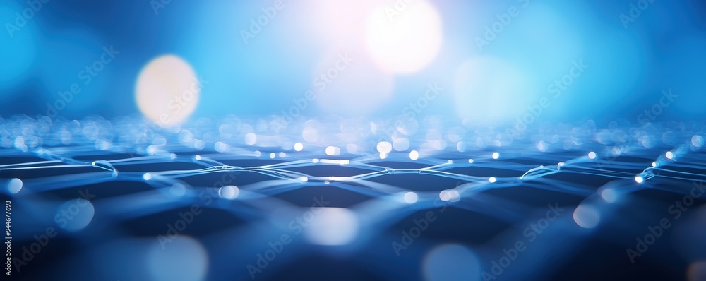 Poster abstract blue background featuring a grid pattern with shimmering droplets and soft light, perfect f