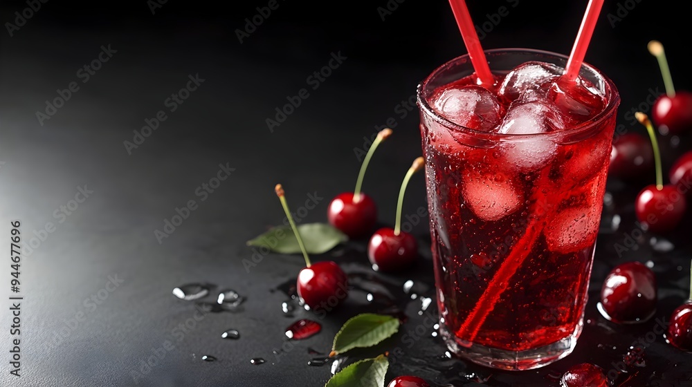 Poster glass of chilled carbonated cherry soda with ice cubes and a straw placed on a flat tabletop with em