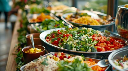 A vibrant buffet display exhibiting a variety of fresh salads and side dishes set in a catering or event setting.