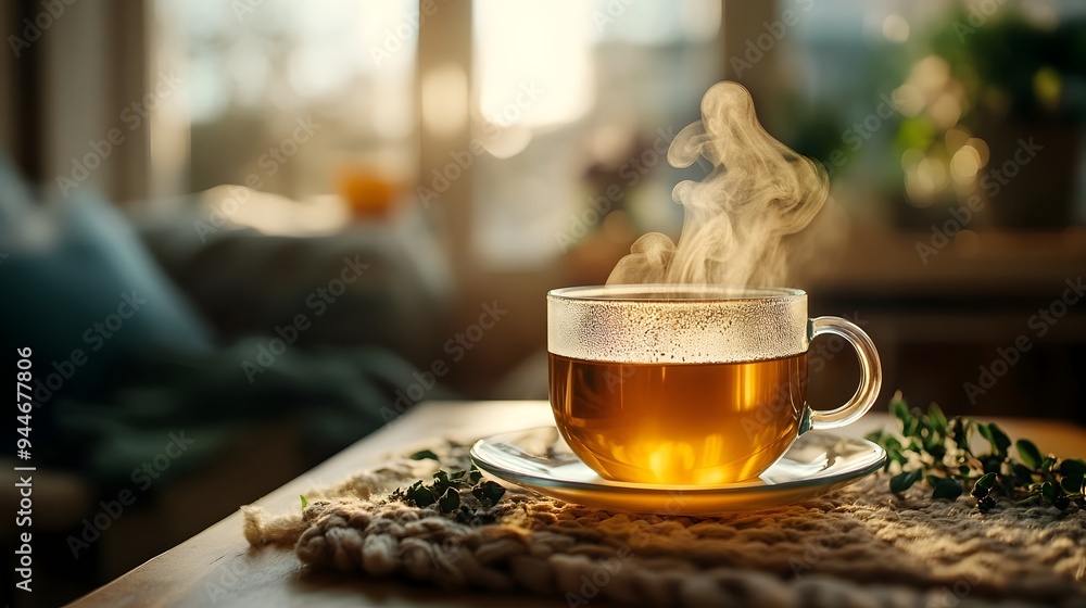 Poster a steaming cup of fragrant herbal tea set in a cozy nature inspired interior creating a calming and 