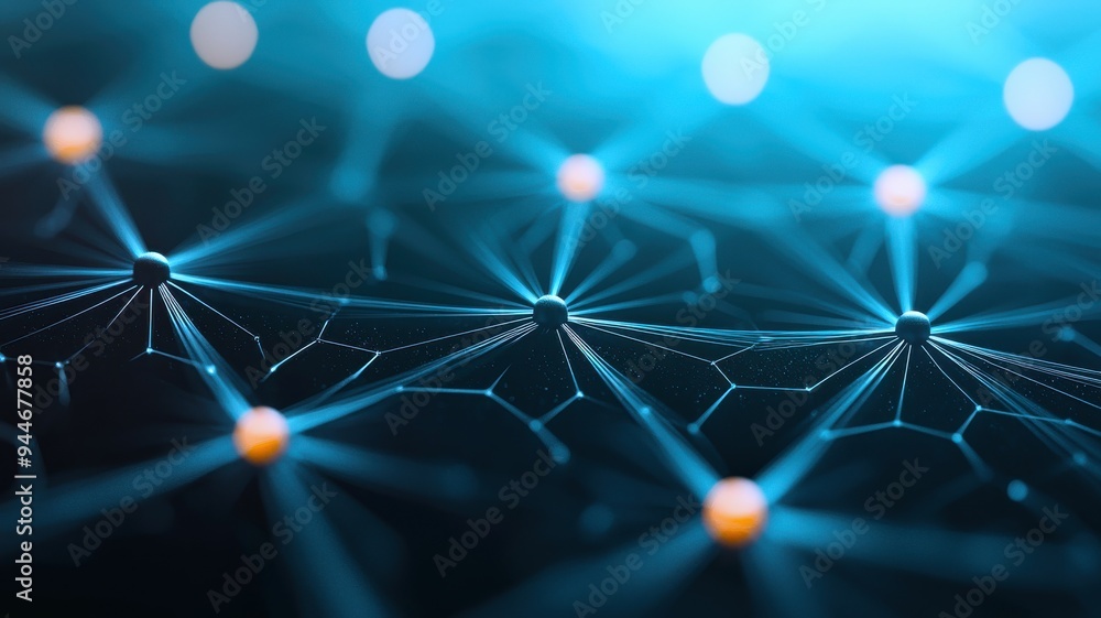 Poster abstract digital network illustration with glowing nodes and connections, representing technology an