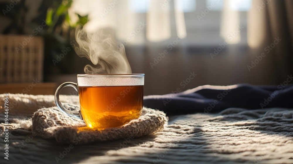Poster cozy steaming cup of fragrant herbal tea in a tranquil indoor setting with copy space for adding tex