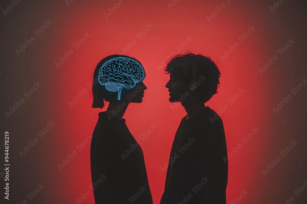 Poster Minimalist silhouette of a couple with a glowing brain overlay in a dark dramatic setting symbolizing intellectual connection mental focus and the interplay of ideas in love