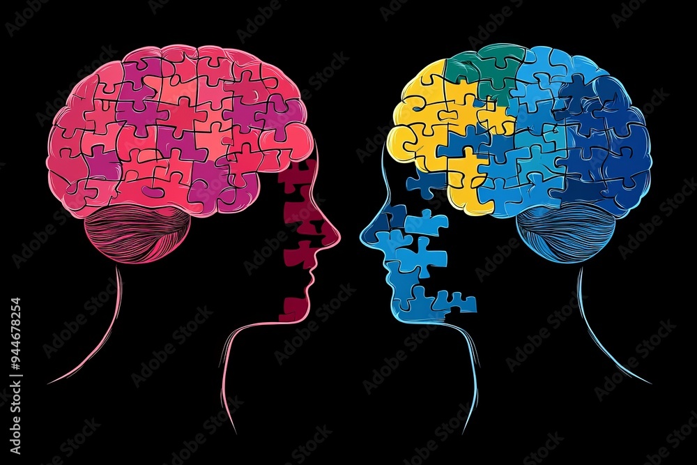 Poster pop art style illustration of two profiles with puzzle piece brains in vibrant colors symbolizing co