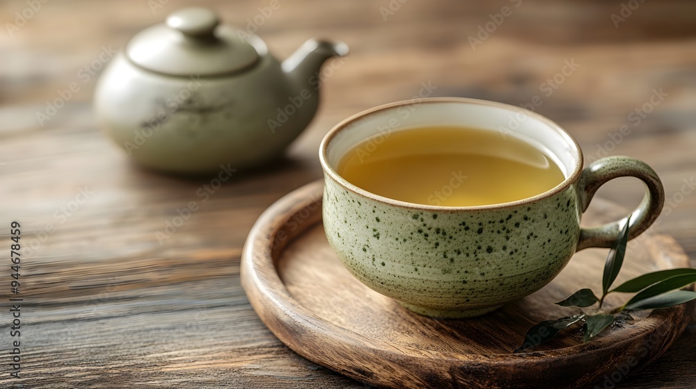 Poster perfectly brewed japanese sencha green tea served in a simple yet elegant ceramic cup with a small t