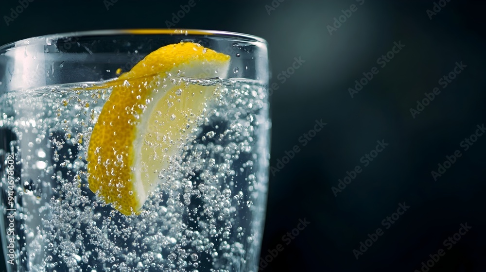 Poster refreshing glass of clear sparkling water with a vibrant lemon twist showcasing a minimalist and mod