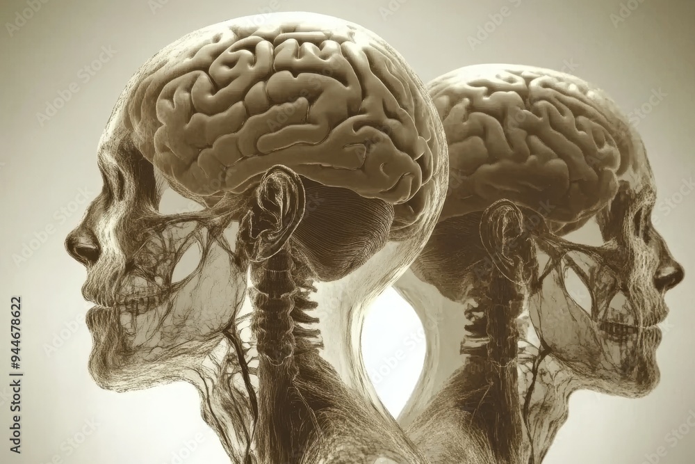 Aufkleber surreal digital rendering of two skeletal profiles with glowing brains symbolizing the fragility of 