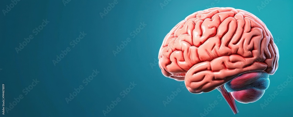 Poster a detailed view of a human brain on a gradient background, highlighting its intricate structure and 