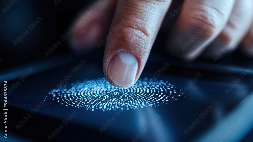 Poster close-up of a finger accessing a smartphone screen, showcasing modern fingerprint technology and sec